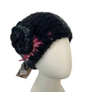 Crochet Hand Knit Headwrap Flower Accent Knit Black Pink Button Close Adjustable
